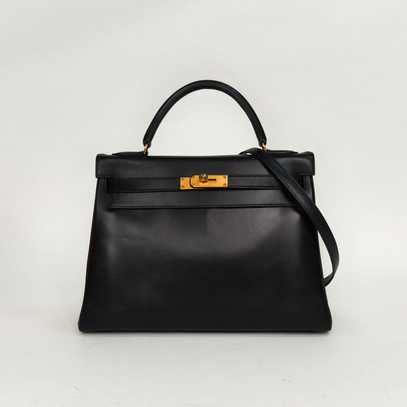 HERMES Kelly3289黑色Box皮圈U金扣肩背包-0