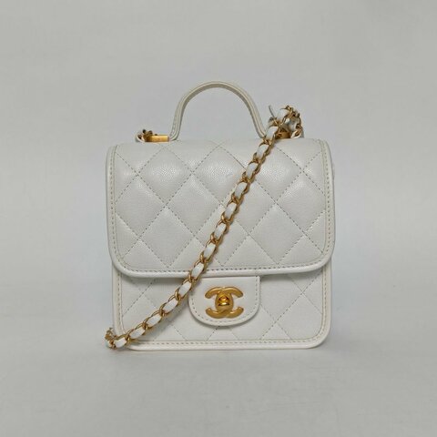 CHANEL 22K手柄郵差包17白色荔枝牛皮晶片開金扣金屬皮牌皮手柄肩背包