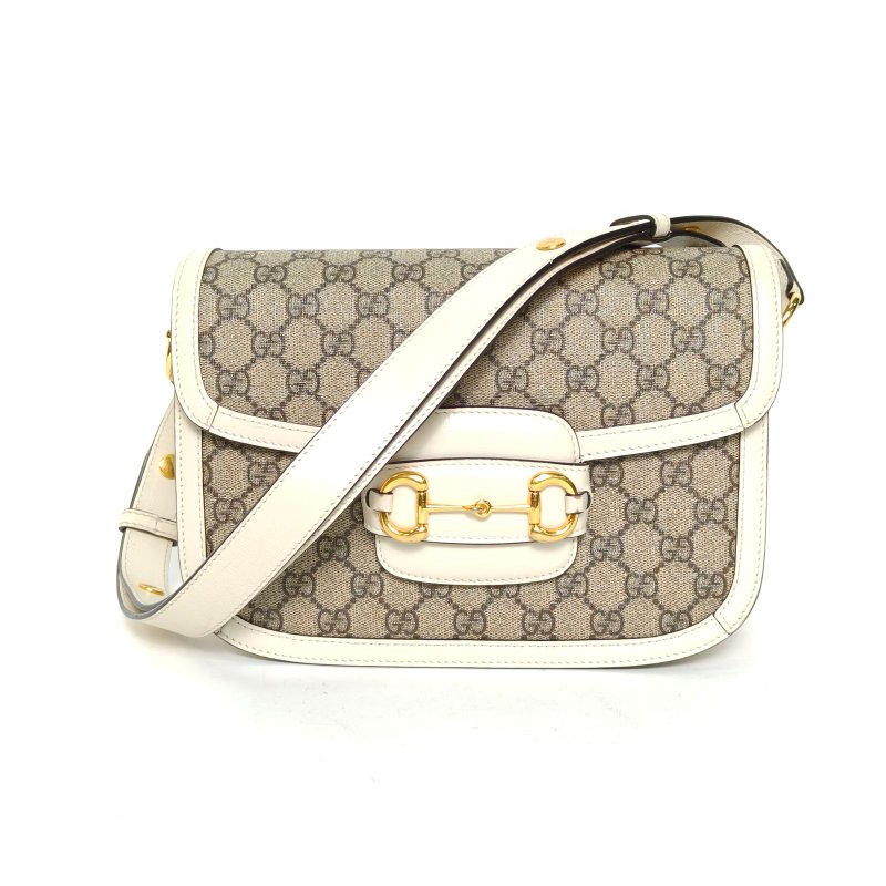 GUCCI Horsebit馬銜扣1955馬鞍包小號25白色帆布金扣肩背包-0