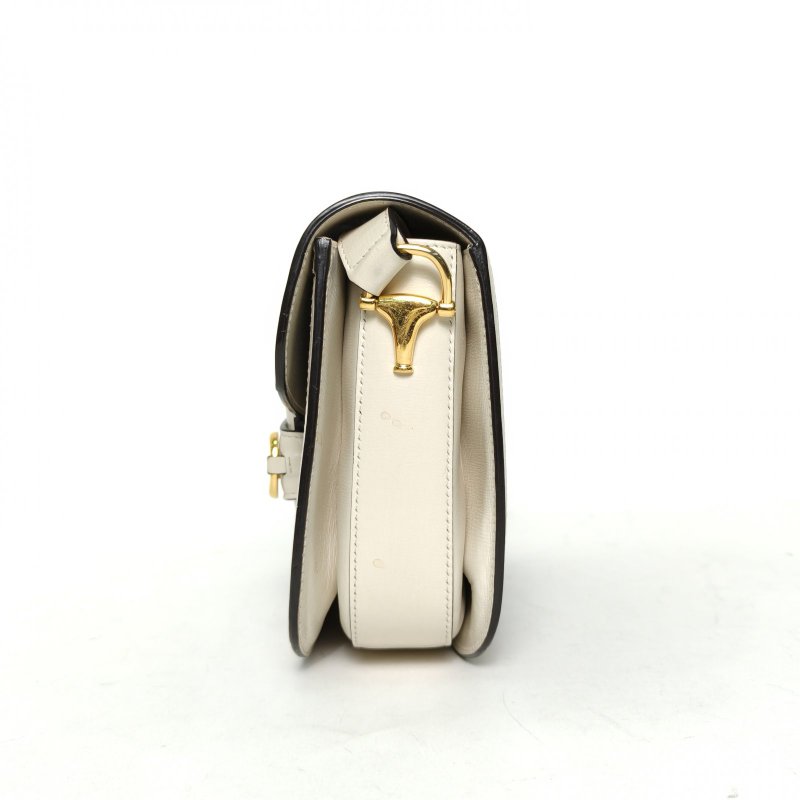 GUCCI Horsebit馬銜扣1955馬鞍包小號25白色帆布金扣肩背包-1