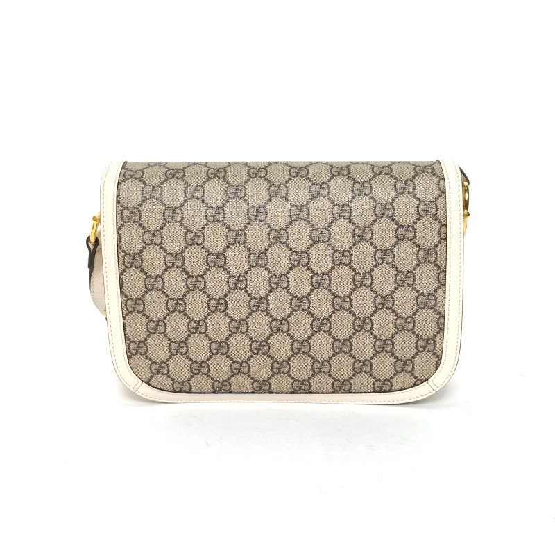 GUCCI Horsebit馬銜扣1955馬鞍包小號25白色帆布金扣肩背包-2