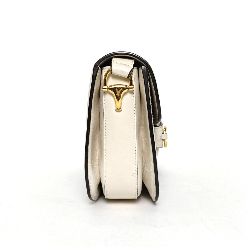 GUCCI Horsebit馬銜扣1955馬鞍包小號25白色帆布金扣肩背包-3