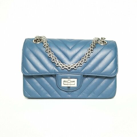 CHANEL 2.55口蓋包迷你20藍色牛皮晶片開銀扣V紋肩背包