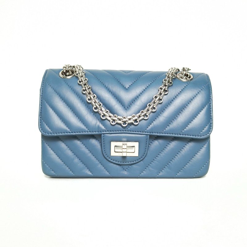 CHANEL 2.55口蓋包迷你20藍色牛皮晶片開銀扣V紋肩背包-0