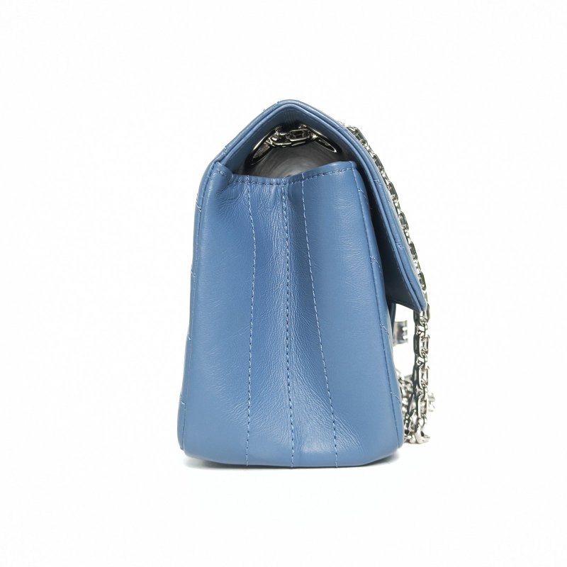 CHANEL 2.55口蓋包迷你20藍色牛皮晶片開銀扣V紋肩背包-3