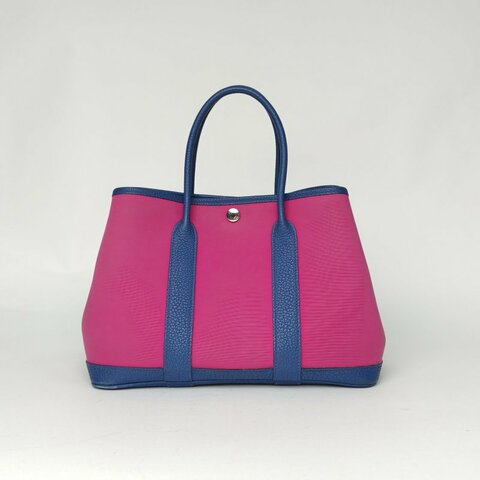 HERMES GardenParty花園包309I玉蘭粉拼7E明藍色帆布C刻銀扣肩背包