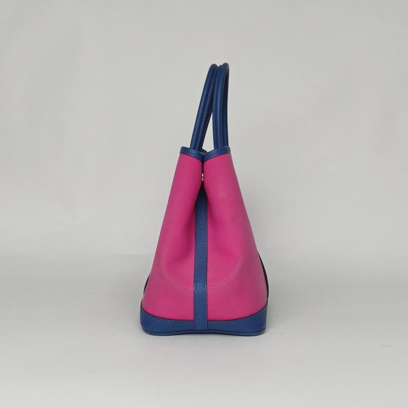 HERMES GardenParty花園包309I玉蘭粉拼7E明藍色帆布C刻銀扣肩背包-3