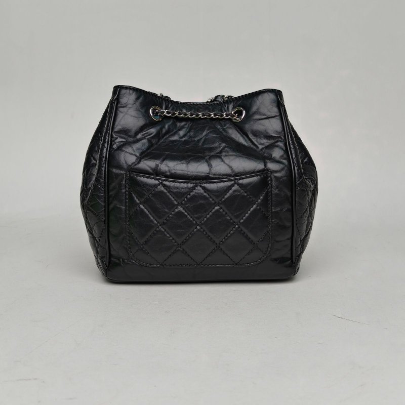 CHANEL 黑色牛皮25開銀扣18S復古抽繩水桶包肩背包-2