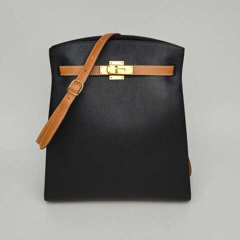 HERMES Kellysport大號2589黑色拼21自然色Buffalo阿登皮圈Z金扣肩背包