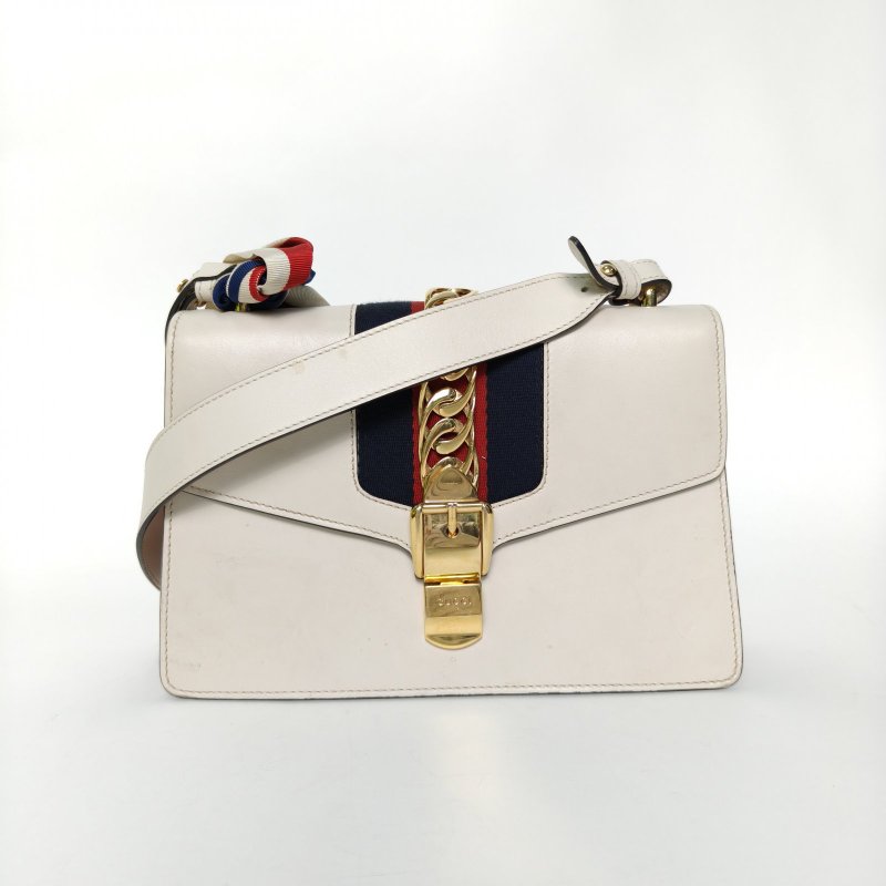 GUCCI Sylvie塞爾維亞絲帶包小號25.5白色牛皮金扣肩背包-0