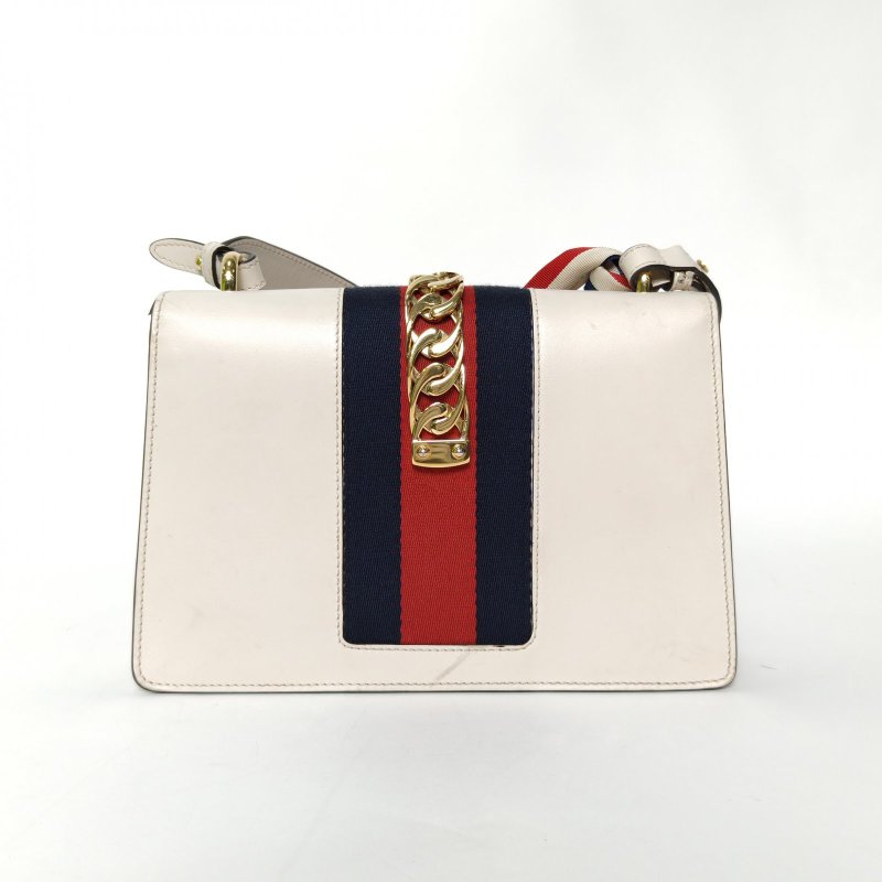 GUCCI Sylvie塞爾維亞絲帶包小號25.5白色牛皮金扣肩背包-2