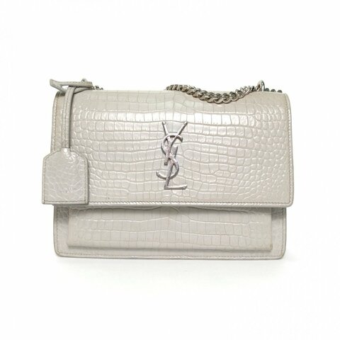 SAINT LAURENT SUNSET日落包中號22鱷魚壓紋灰色牛皮銀扣肩背包
