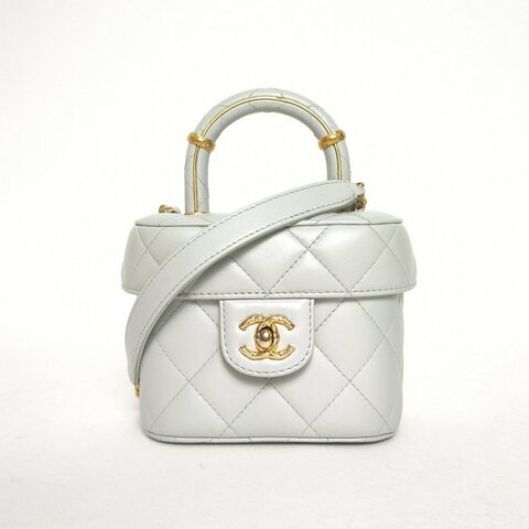CHANEL 淺藍色羊皮晶片開金扣皮手柄23S手柄口蓋包肩背包