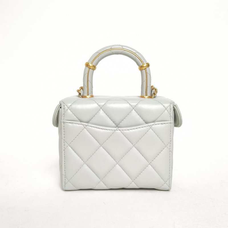 CHANEL 淺藍色羊皮晶片開金扣皮手柄23S手柄口蓋包肩背包-2