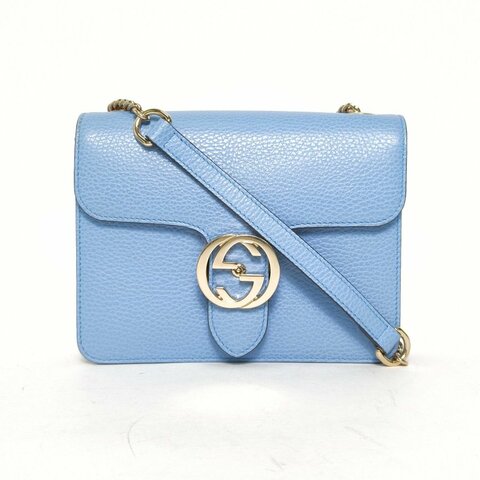 GUCCI Interlock風琴包小號20牛皮金扣藍色肩背包