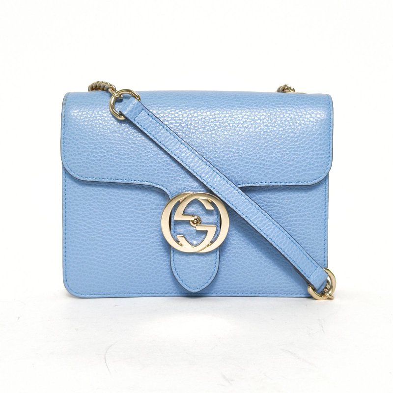 GUCCI Interlock風琴包小號20牛皮金扣藍色肩背包-0