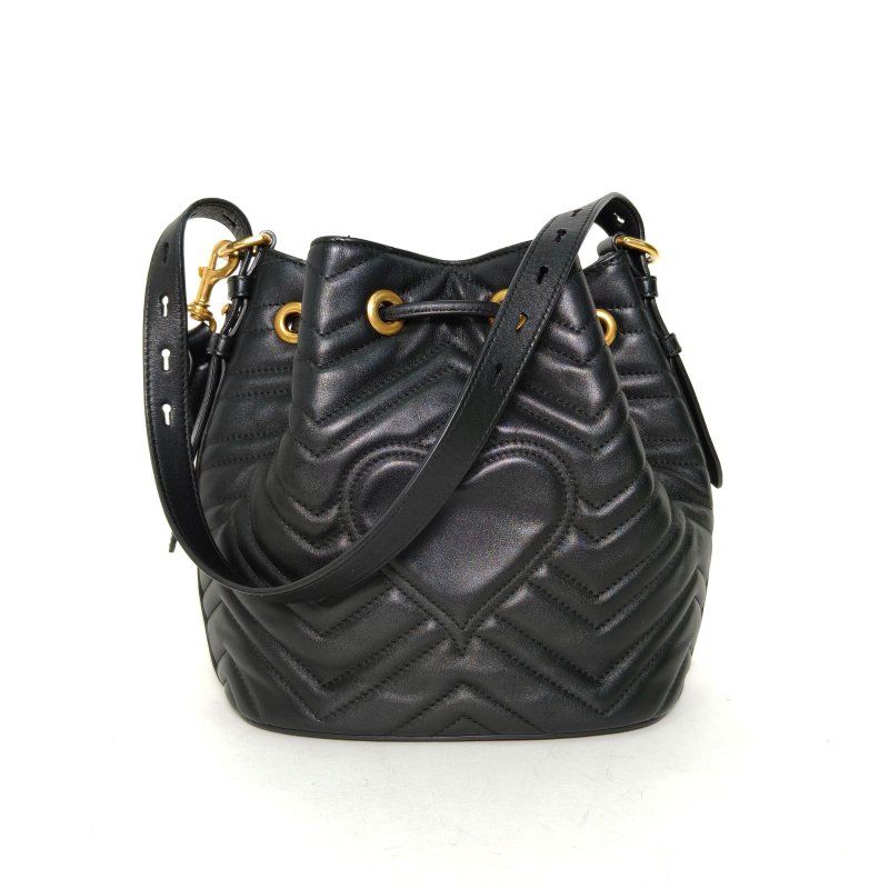 GUCCI GGMarmont抽繩水桶包21牛皮黑色金扣肩背包-2