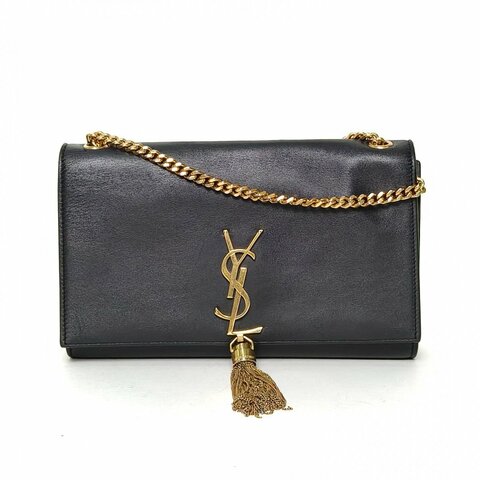 SAINT LAURENT KATE中號24光面流蘇黑色牛皮金扣肩背包