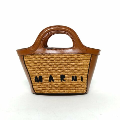 MARNI 限量秀款編織lOGO刺繡菜籃子斜挎包MIN金棕色拉菲草限量秀款編織肩背包