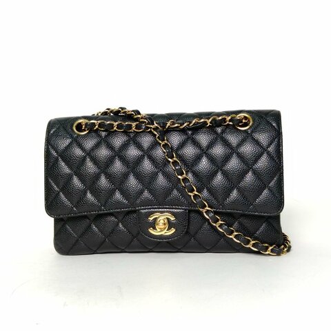 CHANEL CF口蓋包中號25.5黑色荔枝牛皮21開金扣肩背包