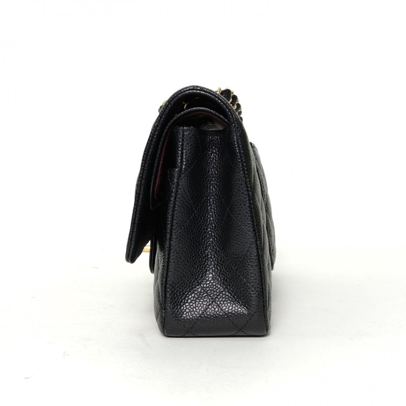 CHANEL CF口蓋包中號25.5黑色荔枝牛皮21開金扣肩背包-1