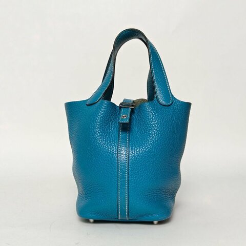 HERMES Picotin18菜籃子75牛仔藍TC皮框P銀扣肩背包