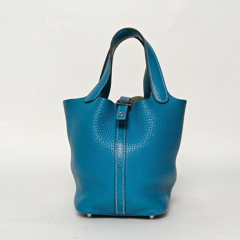 HERMES Picotin18菜籃子75牛仔藍TC皮框P銀扣肩背包-0