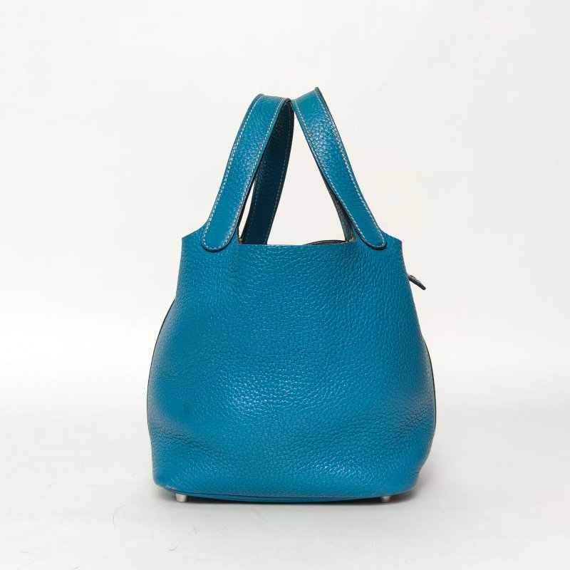 HERMES Picotin18菜籃子75牛仔藍TC皮框P銀扣肩背包-1