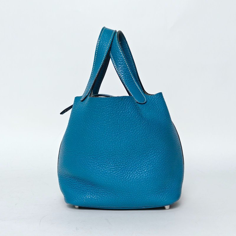 HERMES Picotin18菜籃子75牛仔藍TC皮框P銀扣肩背包-3