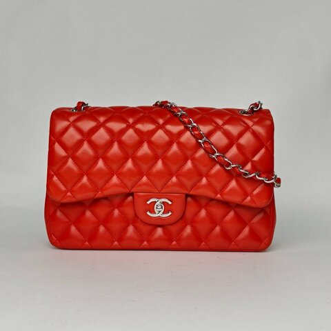 CHANEL CF口蓋包JUMBO30紅色羊皮15開銀扣肩背包