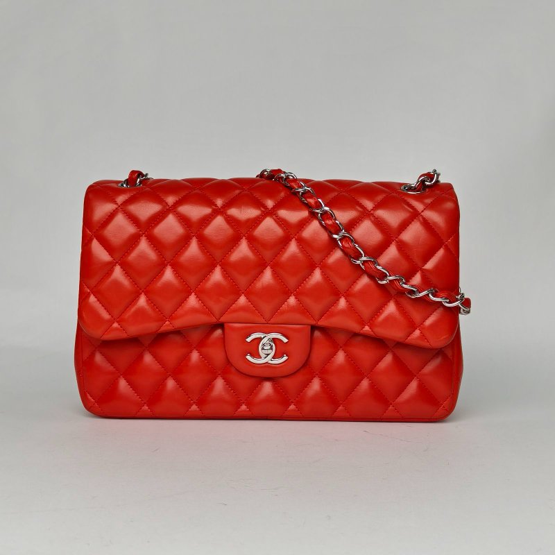 CHANEL CF口蓋包JUMBO30紅色羊皮15開銀扣肩背包-0