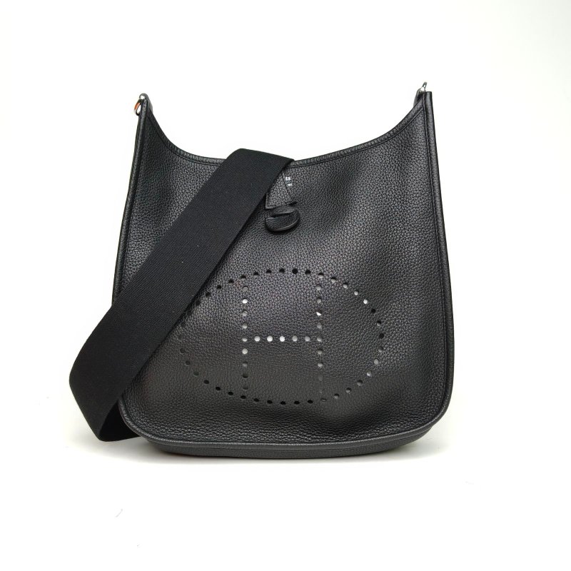 HERMES Evelyne小號2989黑色TC皮框N銀扣肩背包-0