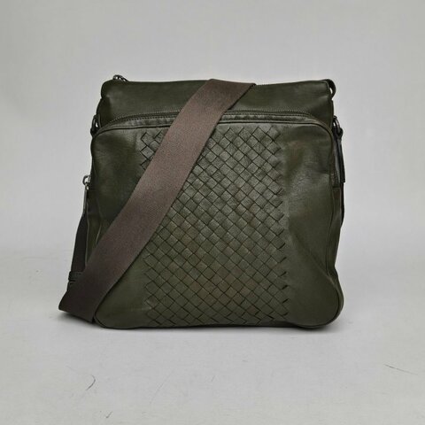 BOTTEGA VENETA 綠色羊皮經典編織斜挎包肩背包