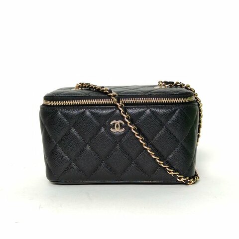 CHANEL 長盒子化妝包帶鏡子黑色荔枝牛皮鐳射標淺金扣單皮穿鏈肩帶24C肩背包