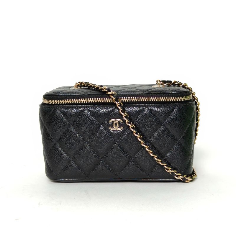 CHANEL 長盒子化妝包帶鏡子黑色荔枝牛皮鐳射標淺金扣單皮穿鏈肩帶24C肩背包-0