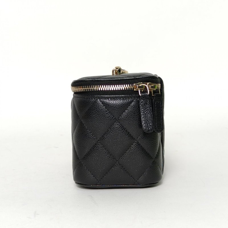 CHANEL 長盒子化妝包帶鏡子黑色荔枝牛皮鐳射標淺金扣單皮穿鏈肩帶24C肩背包-1