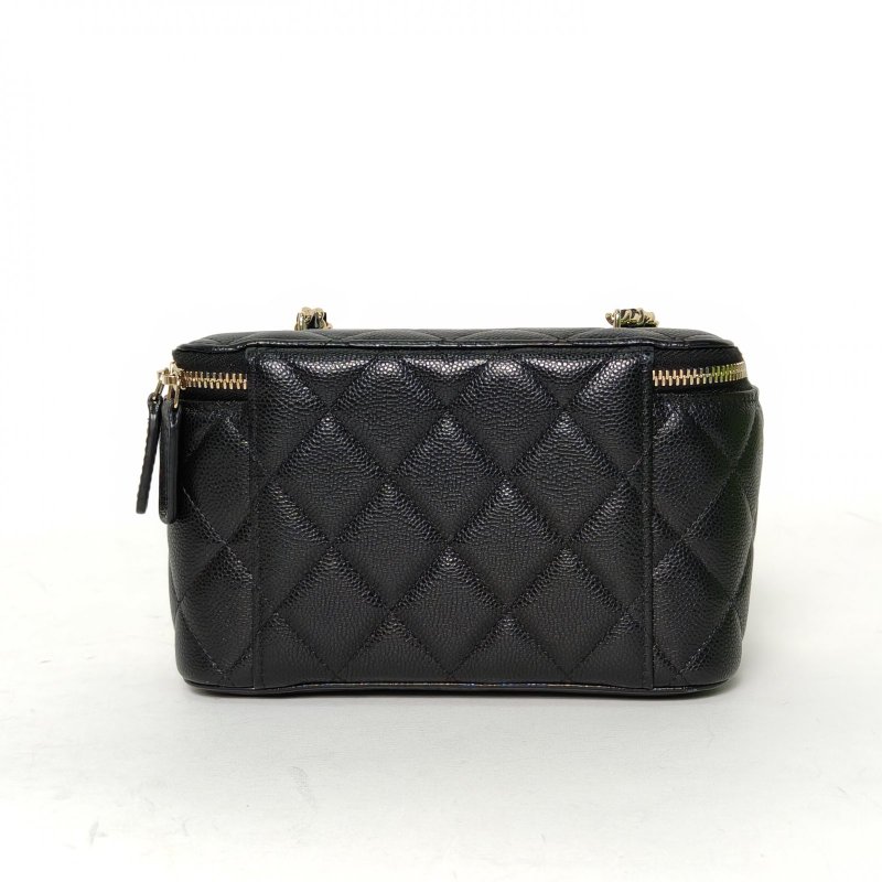 CHANEL 長盒子化妝包帶鏡子黑色荔枝牛皮鐳射標淺金扣單皮穿鏈肩帶24C肩背包-2