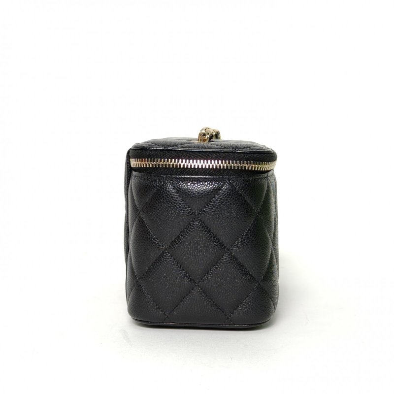 CHANEL 長盒子化妝包帶鏡子黑色荔枝牛皮鐳射標淺金扣單皮穿鏈肩帶24C肩背包-3