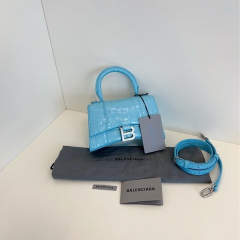 【98新🆕】Balenciaga Hourglass沙漏包Xs 淺藍色造舊銀扣 鰐魚壓紋手提包斜挎包