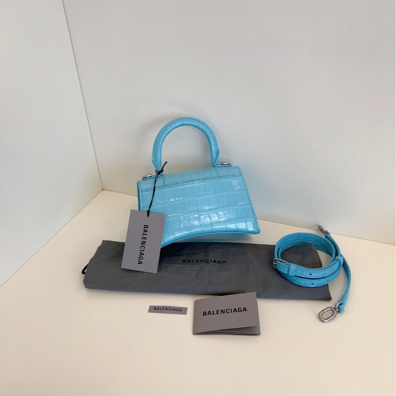【98新🆕】Balenciaga Hourglass沙漏包Xs 淺藍色造舊銀扣 鰐魚壓紋手提包斜挎包-1