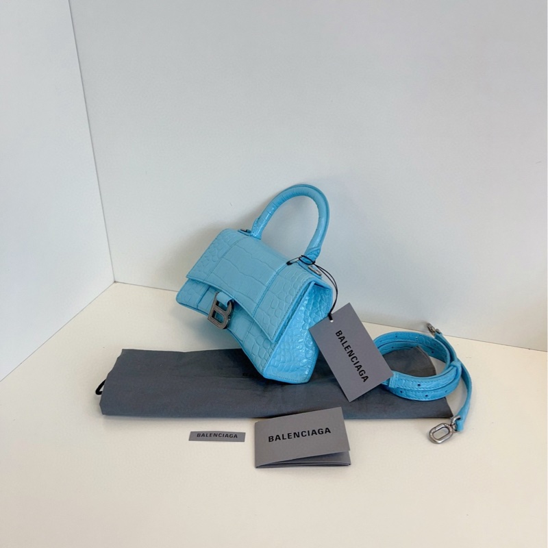 【98新🆕】Balenciaga Hourglass沙漏包Xs 淺藍色造舊銀扣 鰐魚壓紋手提包斜挎包-2