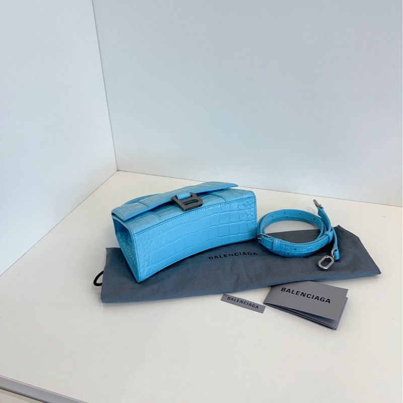 【98新🆕】Balenciaga Hourglass沙漏包Xs 淺藍色造舊銀扣 鰐魚壓紋手提包斜挎包-4