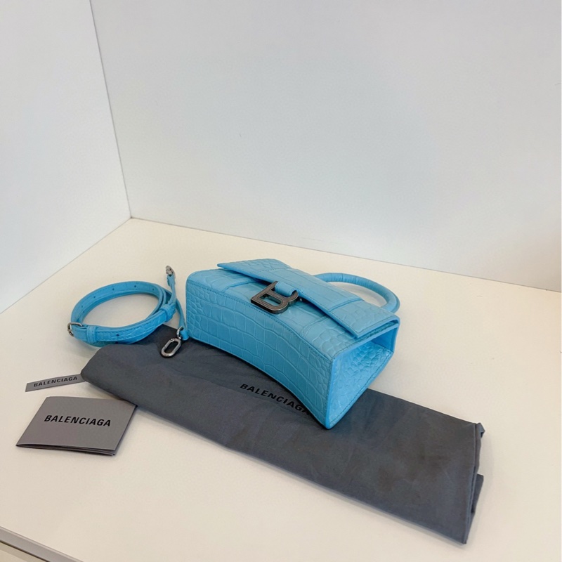 【98新🆕】Balenciaga Hourglass沙漏包Xs 淺藍色造舊銀扣 鰐魚壓紋手提包斜挎包-5