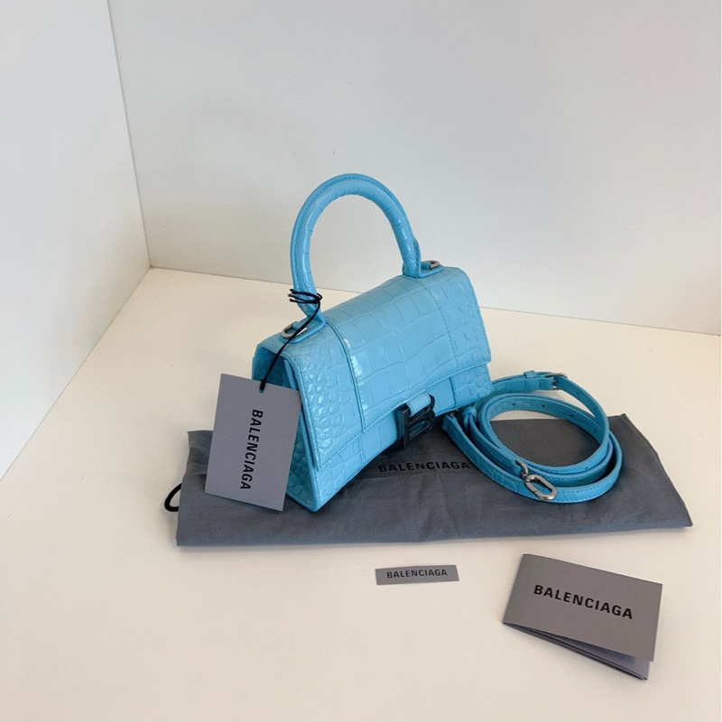 【98新🆕】Balenciaga Hourglass沙漏包Xs 淺藍色造舊銀扣 鰐魚壓紋手提包斜挎包-6