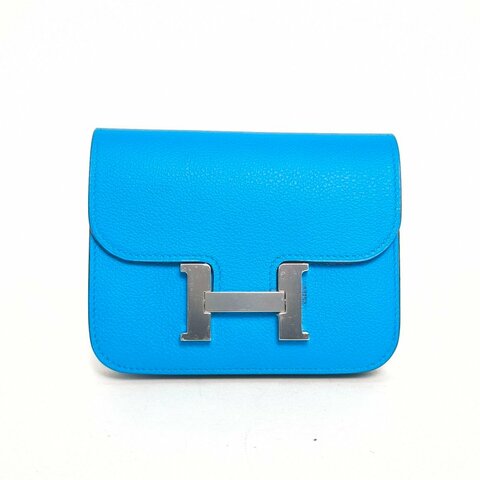 HERMES Constance康康Slim0F弗羅裏達藍拼0D墨西哥玫瑰粉EC皮Y刻銀扣肩背包