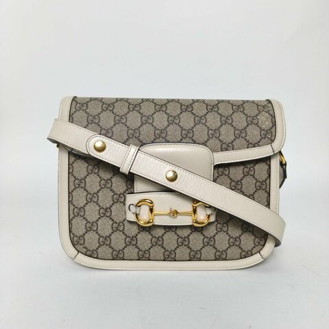 GUCCI Horsebit馬銜扣1955馬鞍包小號25白色帆布金扣肩背包