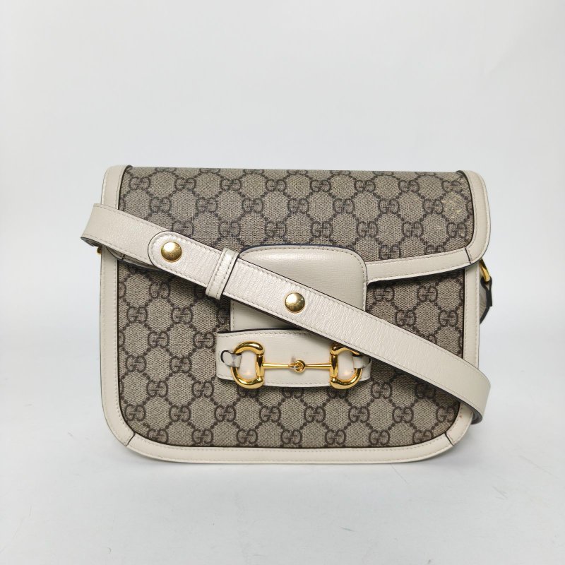 GUCCI Horsebit馬銜扣1955馬鞍包小號25白色帆布金扣肩背包-0