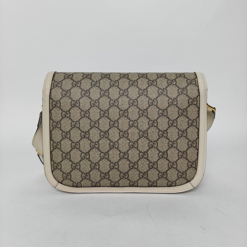 GUCCI Horsebit馬銜扣1955馬鞍包小號25白色帆布金扣肩背包-2