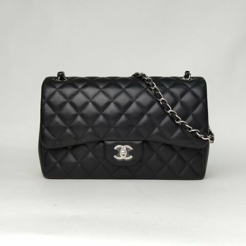 CHANEL CF口蓋包JUMBO30黑色羊皮18開銀扣肩背包