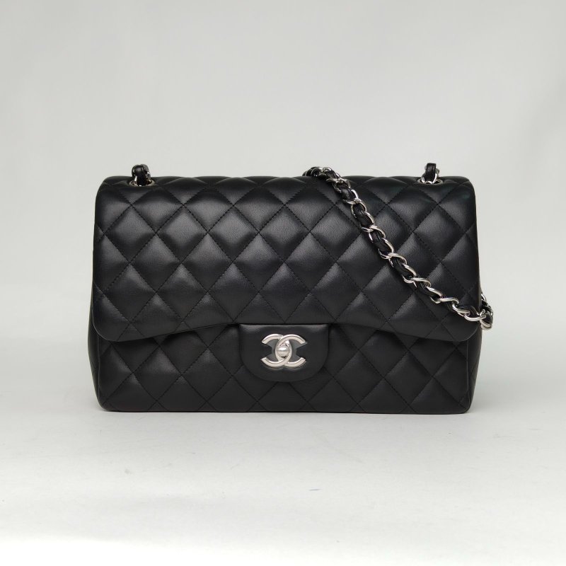CHANEL CF口蓋包JUMBO30黑色羊皮18開銀扣肩背包-0